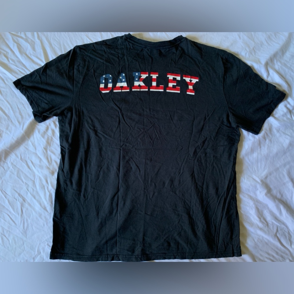 Oakley Black Tee with Red White and Blue Logo